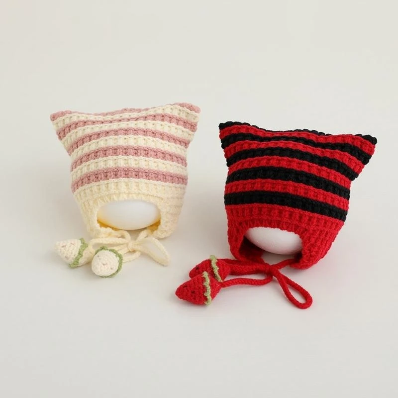 

J15U 1-6Y Kids Striped Knitted Hat Ear Bonnet Winter Versatile Cap