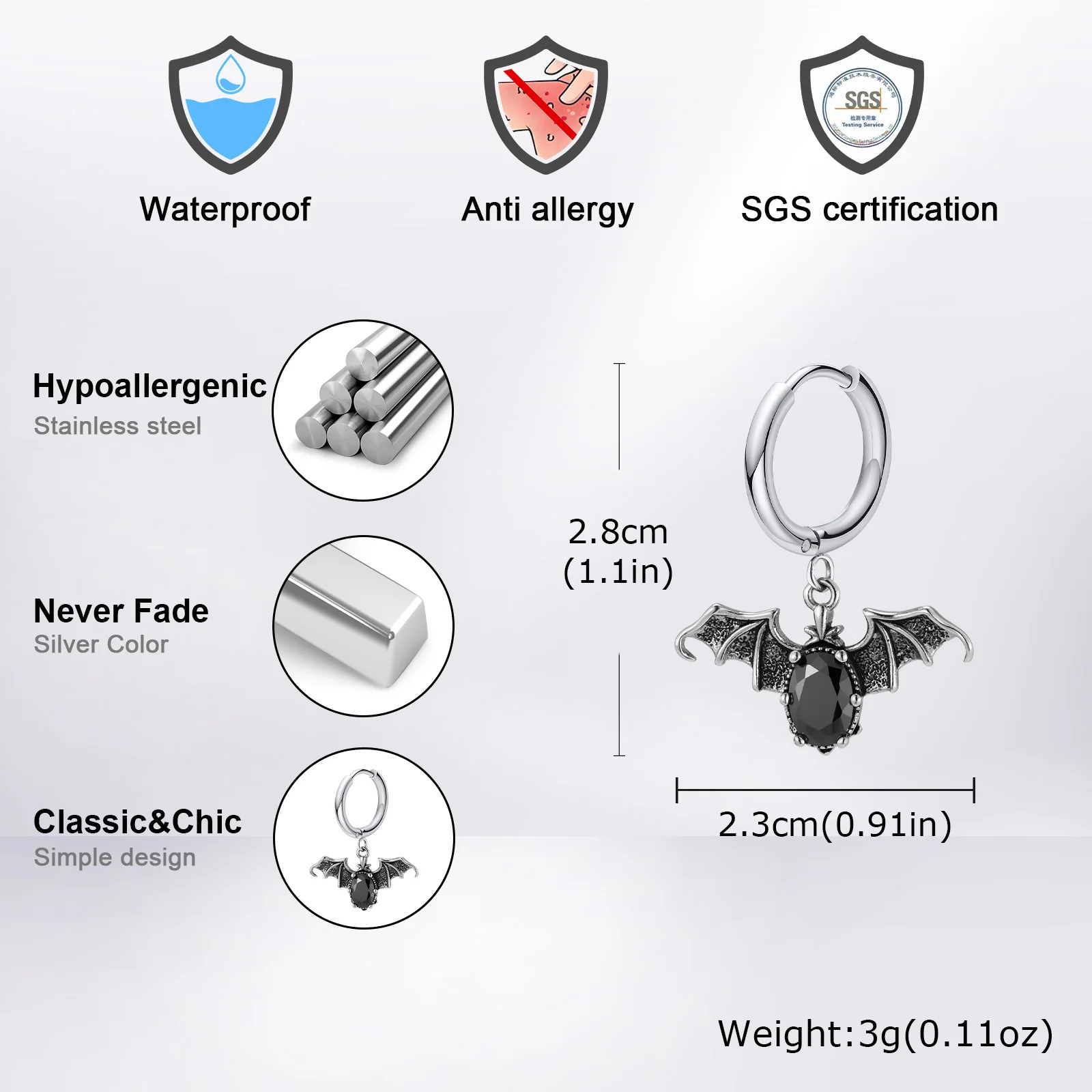 Vnox Gothic Vintage Moth Bat Hoop Earrings for Men, Stainless Steel Hypoallergenic Halloween Punk Jewelry Gift with Ear Piercing view 5