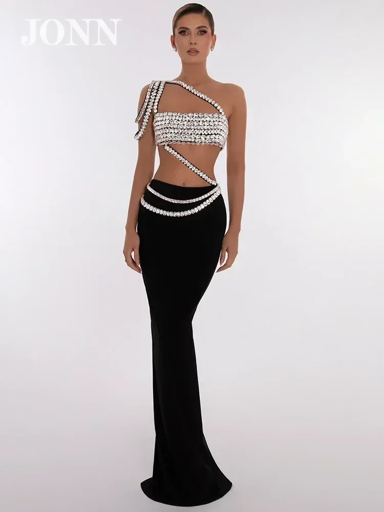 

JONN Designer Spliced Luxury Diamond Crop Top with Long Skirt Two-Piece Set for Party Evening Runway Elegant Fashion 2024