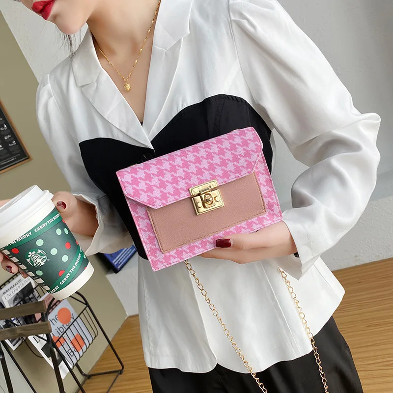 Women's Bag 2021 New Fashion Contrast Color Small Square Bag Elegant Retro Thousand Bird Pattern Shoulder Bag