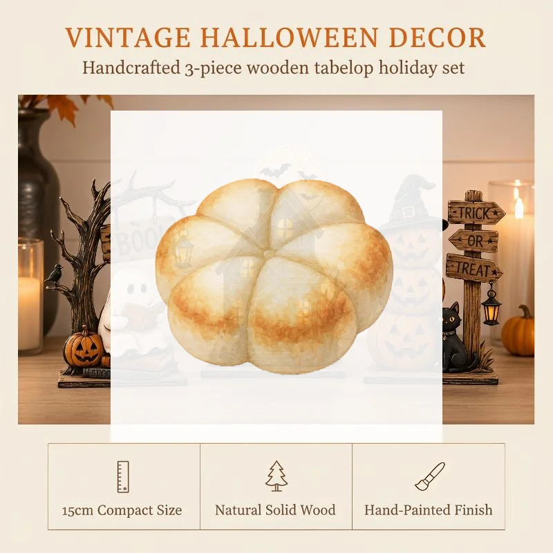 Halloween Wooden Decor Set 3 Pieces Ghost Black Cat Pumpkin for Indoor Office Home Desktop Ornaments