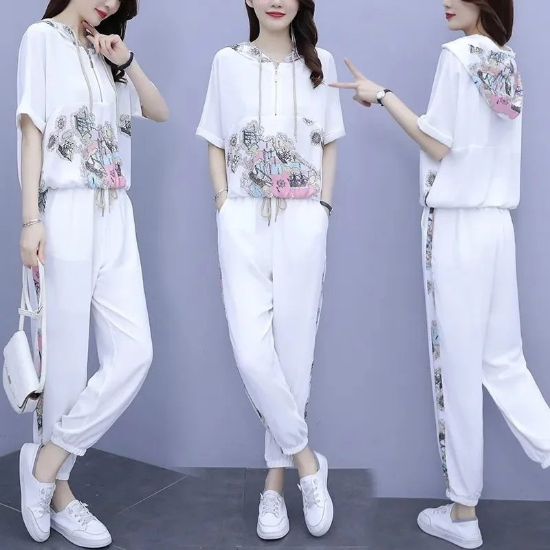 Women's Casual Suit Spring And Summer New Loose Fashion Color Contrast Printed Hooded T-shirt Top Pants Two Piece Set For Women