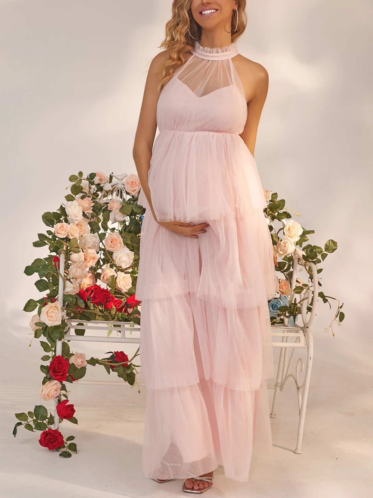 ItsRoya-vestidos de maternidad de malla lisa con cuello redondo, vestidos de noche de fiesta con volantes en cascada, accesorios de fotografía elegantes para mujeres embarazadas