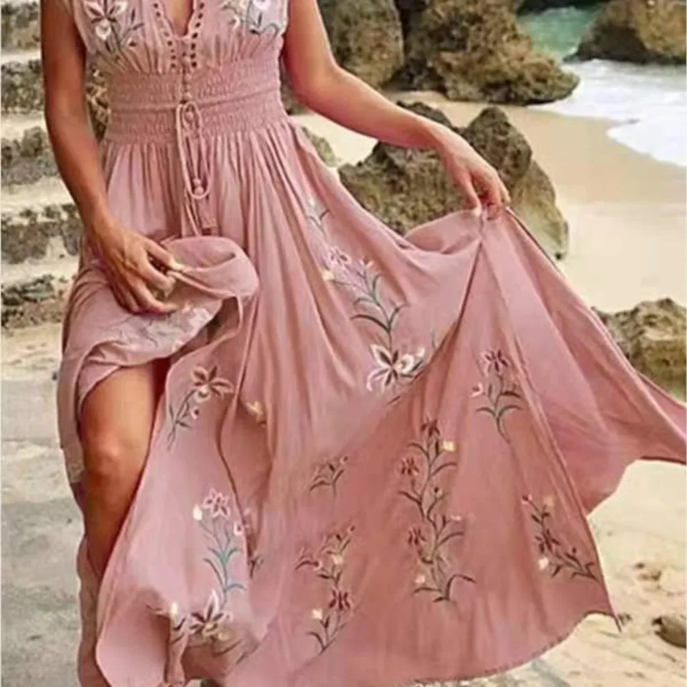 CPSYMYM Damen Sexy Sommer-Druck, Strandurlaub, lange Kleider, modisch, tiefer V-Ausschnitt, hohe Taille, Schnürung, schlank, elegant, weiblich, Bohemian