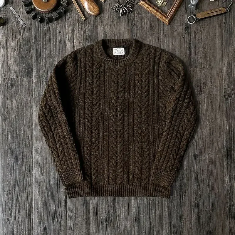 Classic Brown Solid Color Sweater Men Clothing Autumn/Winter Round Neck Loose Casual Warm British Retro Knit Pullovers Tops