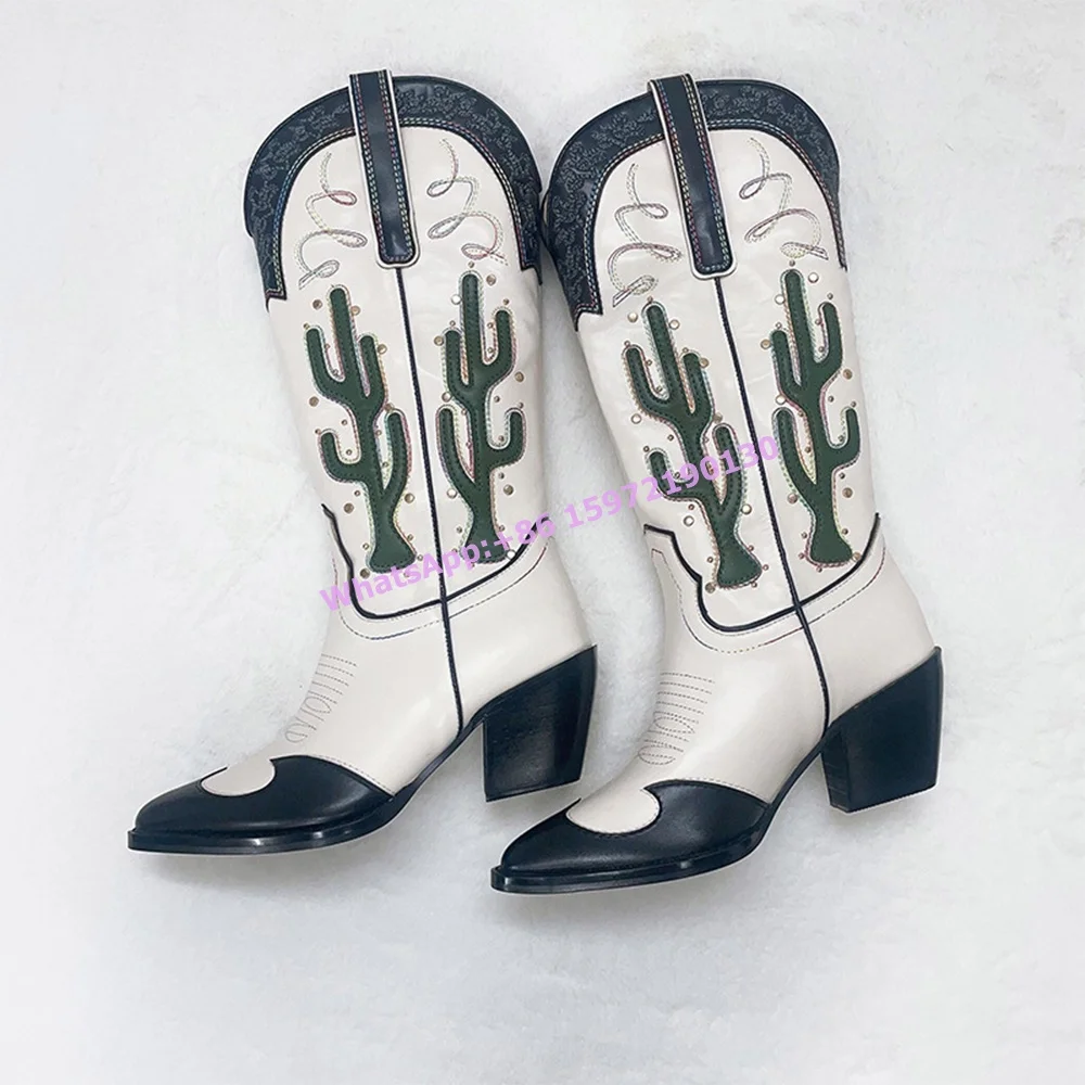 

Embroidered Cactus Knight Boots Rivet Pointy Toe Square Heels Slip On West Style Knee High Boots Hotties Retro Punk Cool Shoes