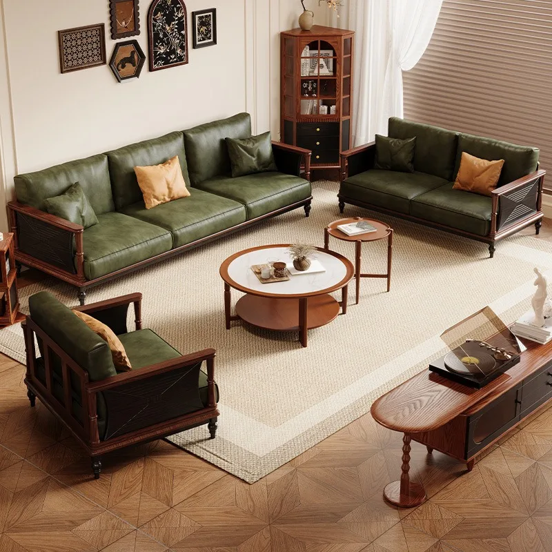 Medieval solid wood sofa, modern simple living room chair household small apartment straight row fabric sofa