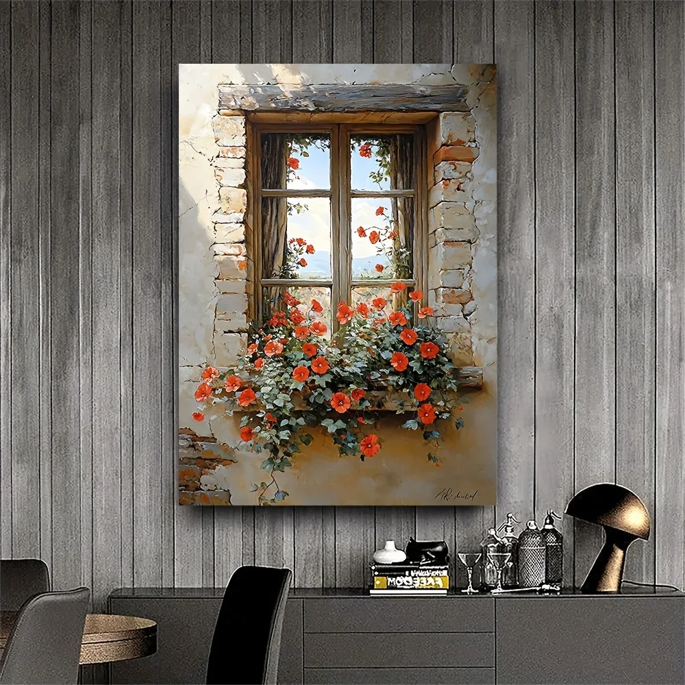 Frameless Canvas Painting 2D Flat, No Frame, Vintage Window Scene Canvas Artwork For Wall Decoration Featuring A Rustic Stone Wi