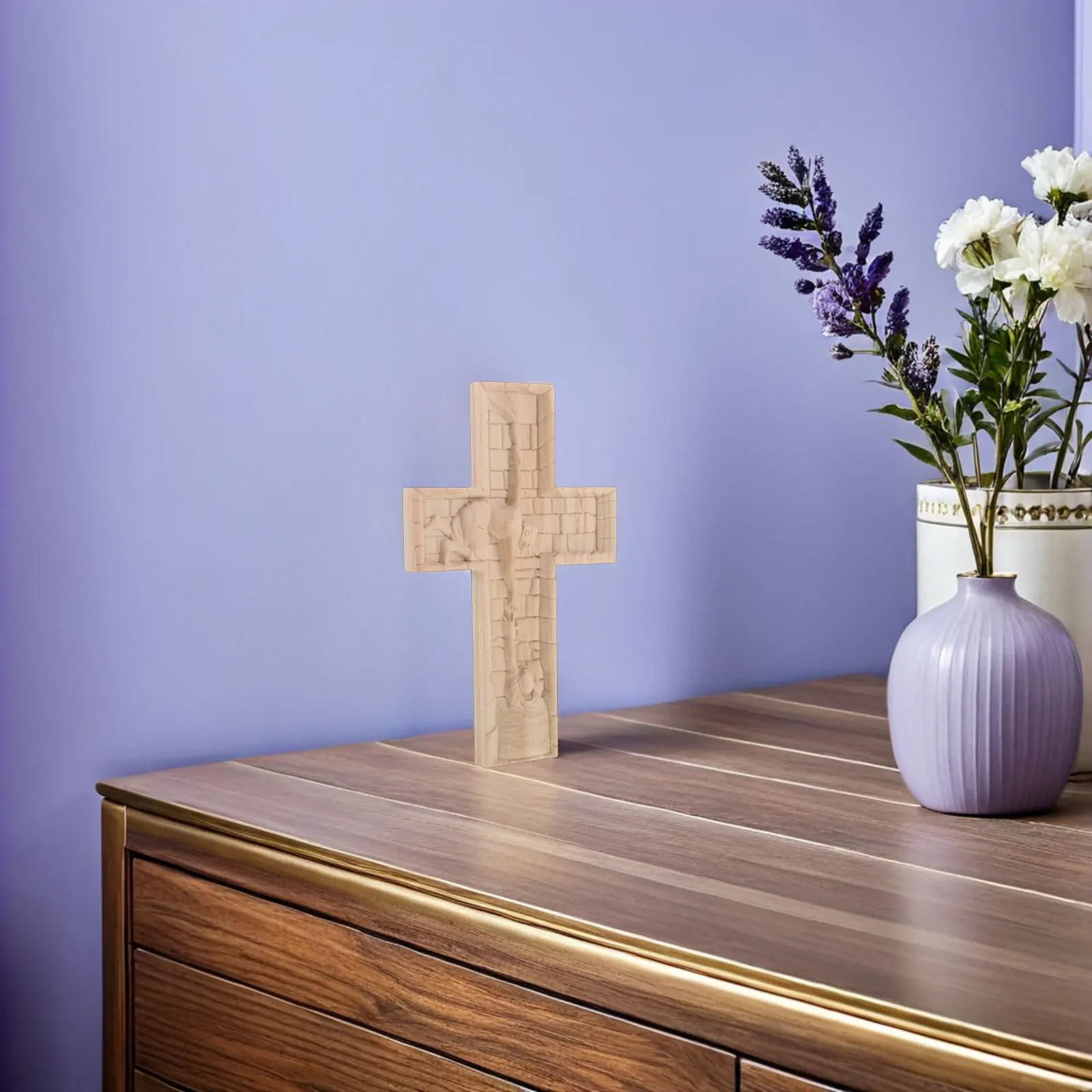 Hand Carved Solid Wood Cross Decoration Religious Jesus Crucifix Sculpture for Home Church Office Vintage Christian Ornament