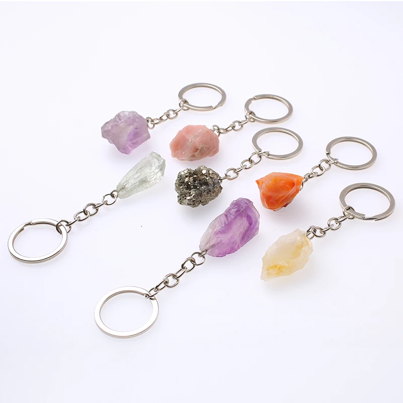 1pcs Natural Rough Raw Stone Crystal Quartzs Keychain Women Men Handbag Hangle Car Key Holder Raw Mineral Stone KeyRing Jewelry