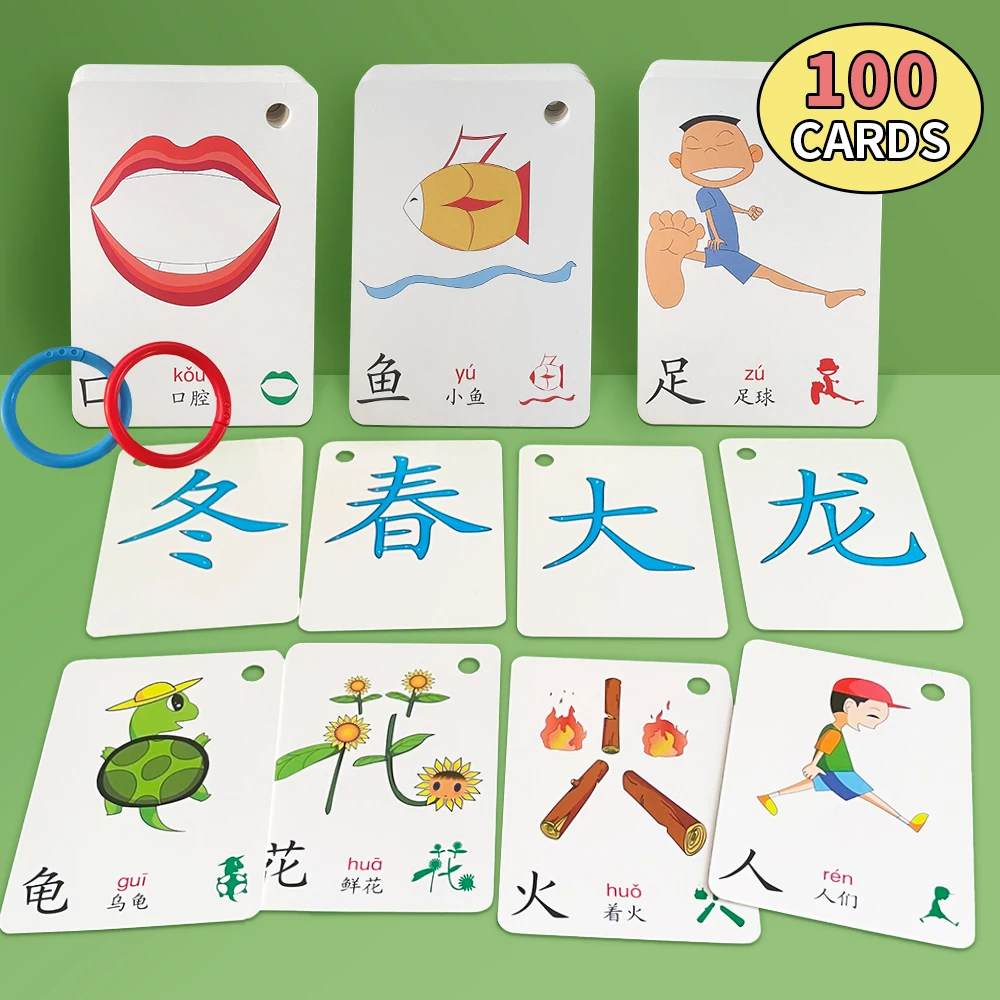 100 Cards Children Learning Chinese Characters Pictogram Literacy Card Pinyin Flashcards Enlightenment Education Toys for Kid