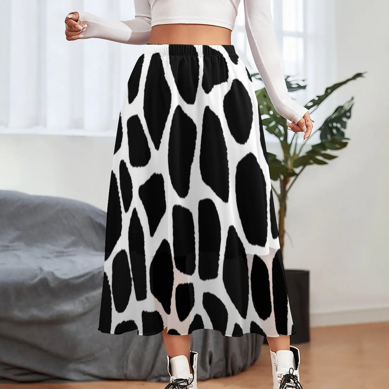 Black And White Giraffe Chiffon Skirt Animal Print Street Wear Long Skirts Female Vintage Boho Skirt Trendy Clothing Gift