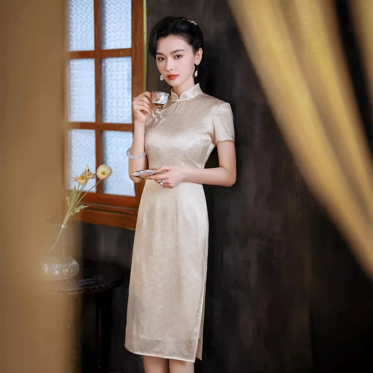 

High Quality Real Silk Qipao Cheongsam Top Skirt Elegant Chinese Traditional Clothing Dress Artistic Sheath Slim-Fit Banquet