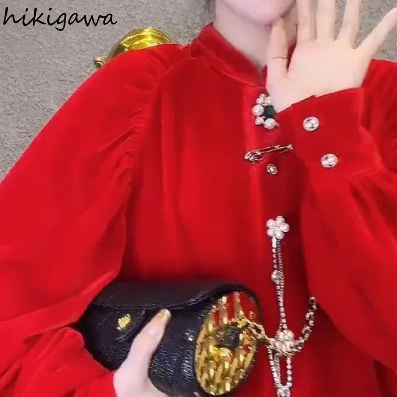 Korean Velvet Camisas De Mujer Pink Blouses for Women Temperament Lady Tops Oversized Shirts Stand Neck Vintage Fashion Blouse