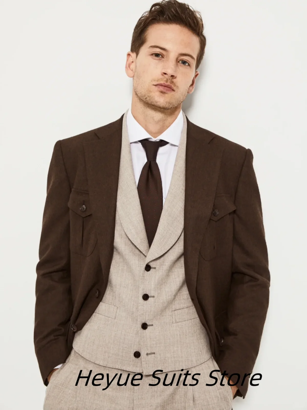 Gentleman Dark Brown Men Suits British Style Notched Lapel Groom Formal Tuxedos Business Jacket +Beige Vest+Pants Costumes Homme