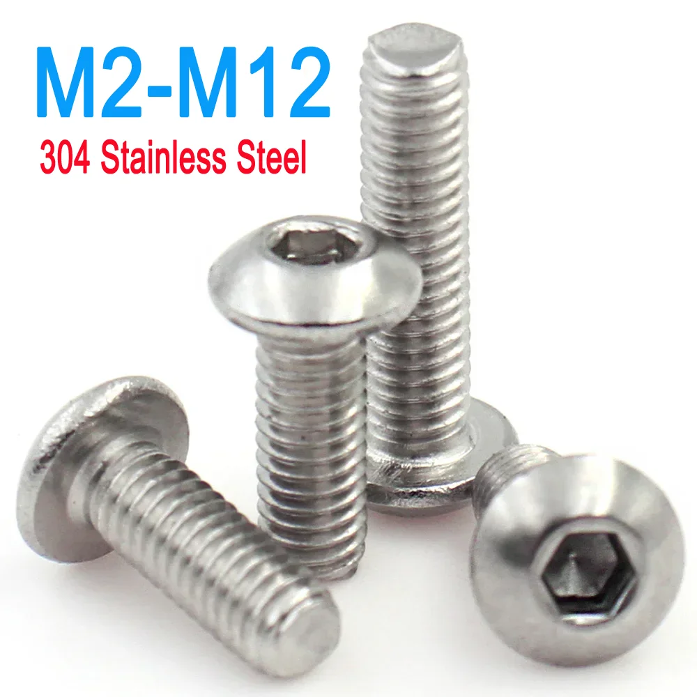 DIN7380 M2 M3 M4 M5 M6 M8 M10 M12 304 Stainless Steel Round Pan Head Hex Hexagon Socket Screw Mushroom Button Head Allen Bolts