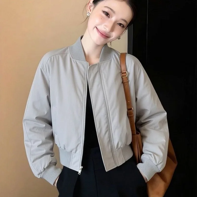 Women's Minimalist Casual Zip Up Baseball Bomber Jacket Cropped Long Sleeve 2026 Autumn Commute Workwear Slim Fit Bright Color view 2