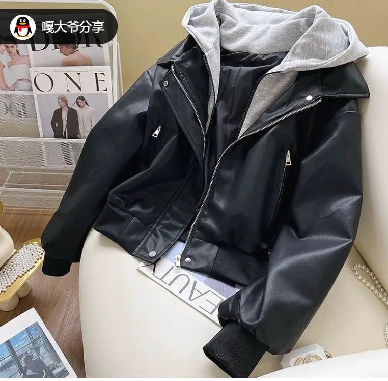 Korean Fashion Splice Design Hat Jacket Women's Spring 2026 Versatile Leather Jacket Fake Two-Piece Outerwear