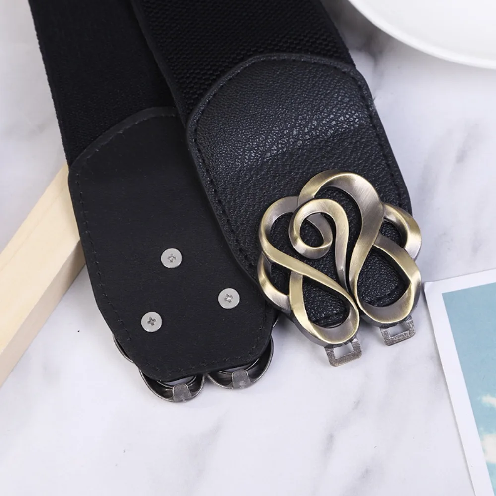 High Quality 60-80cm Women Leather Belt for Dress Brass Retro Buckle Elastic Overcoat Stretched Band Durable Lady Belt