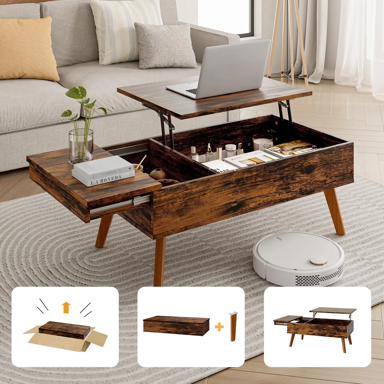 Lift Top Coffee Table, Ten Minute Install Coffee Table Center Table with Hidden Storage Compartments, Rustic Brown