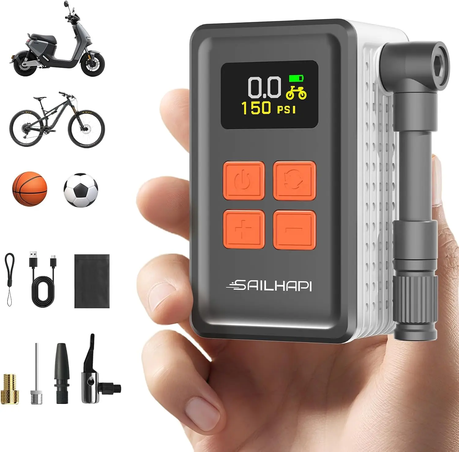 

Мини-электрический насос для шин велосипеда 150PSI с манометром, Presta/Schrader, портативный для шоссейного/горного велосипеда, электронного велосипеда, мотоцикла, мяча