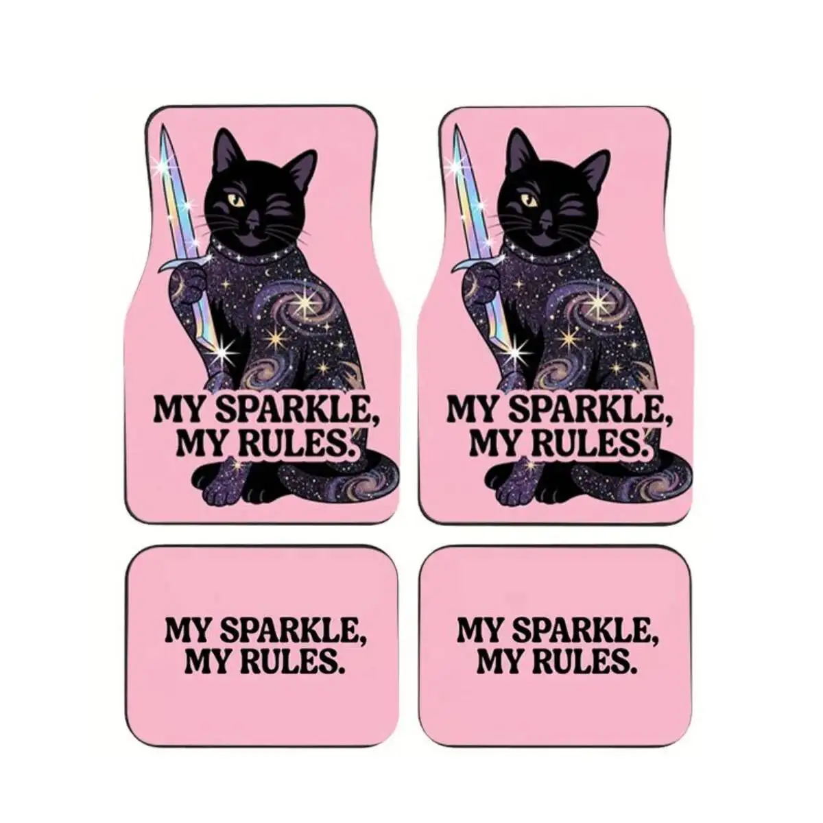 

4Pcs Galaxy Cat Car Floor Mats 'My Sparkle My Rules' Winking Cat Design Anti-Slip Waterproof Auto Carpets for SUVs Vans