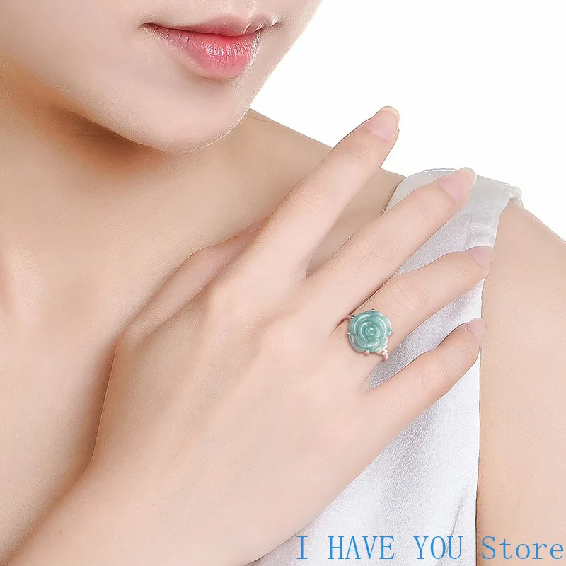 S925 Silver Inlaid Natural A Goods Jade Blue Water Rose Ring Ice Jade Fashion Ring Women's Ring Luxury Jewelry Gift