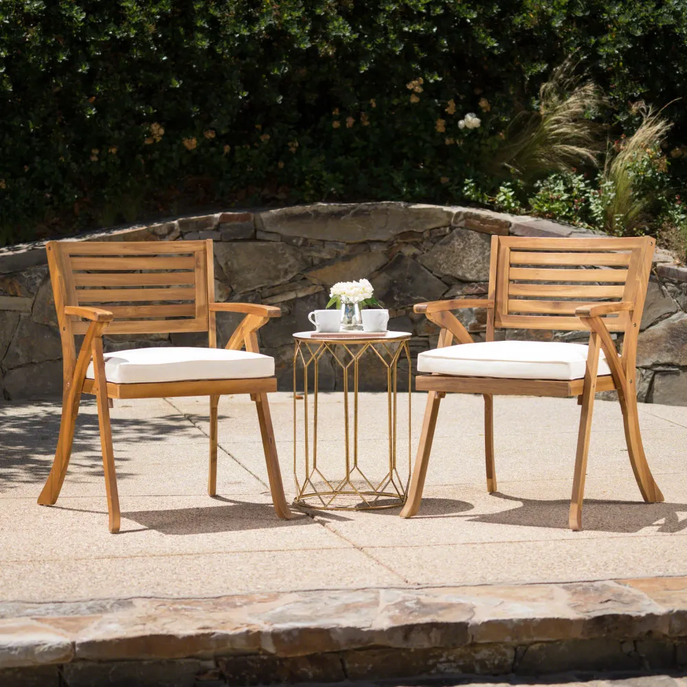 Outdoor Acacia Wood Dining Chair Water-resistant Cushions Gentle Curves and Clean Modern Lines(Set of 2)