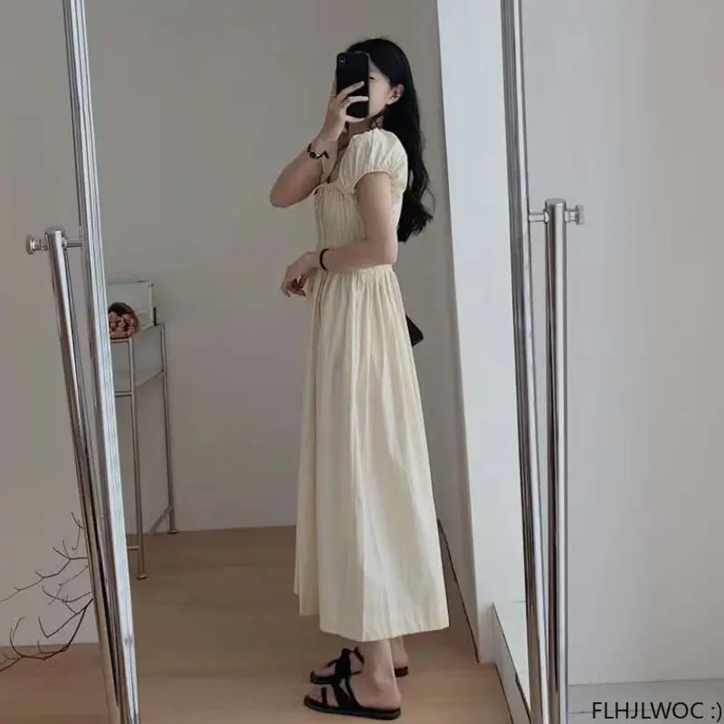 Chic Korea Temperament Women Date Girls Japan Style Puff Sleeve Cotton Blends Vintage Pink Elastic Long Dress Feminine Vestidos