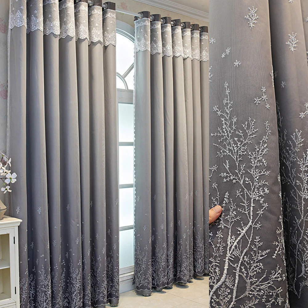 French Luxury Silver Color Silk Embroidered Blackout Curtains, Double Layer Lace Window Drapes for Living Room & Balcony