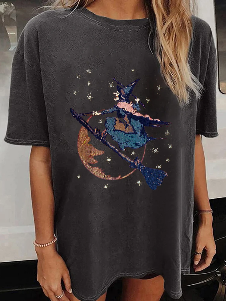 Seeyoushy Witch Flying Halloween Print 2023 New Short Sleeve Crew Neck Ladies T-shirt Casual Ladies Top Y2K Aesthetic Clothing