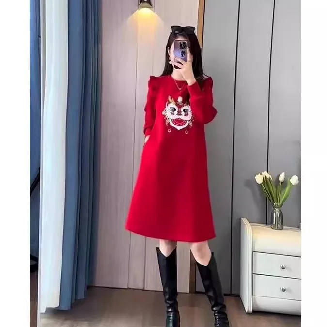 

plus Size Autumn Winter Knitted Sweater Dr Patchwork Slimming Red Cartoon Luy Year High Waist A-Line Skirt for plus Size...