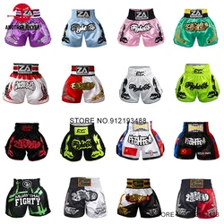 Muay Thai-pantalones cortos de boxeo satinados para hombre, mujer, niño, niña, bordado, gimnasio, agarre, jaula de Kickboxing, pantalones de lucha