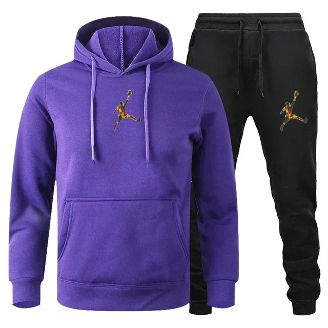 New autumn and winter men's solid-color printed running set: Fashionable long-sleeved sweatshirt + casual pants 2-piece set