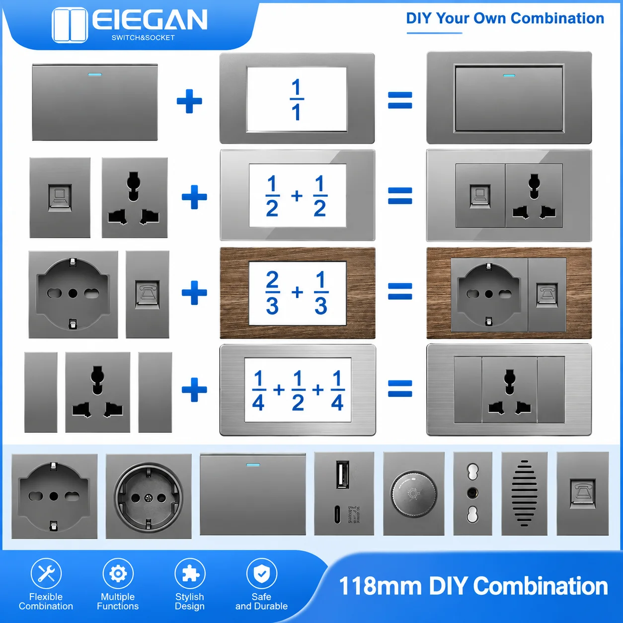 ELEGAN 118mm DIY Modular Wall Socket Switch 1/3 1/2 2/3 1/4 Italian EU Schuko USB-C 20W CAT5 TV SAT Doorbell Curtain Grey