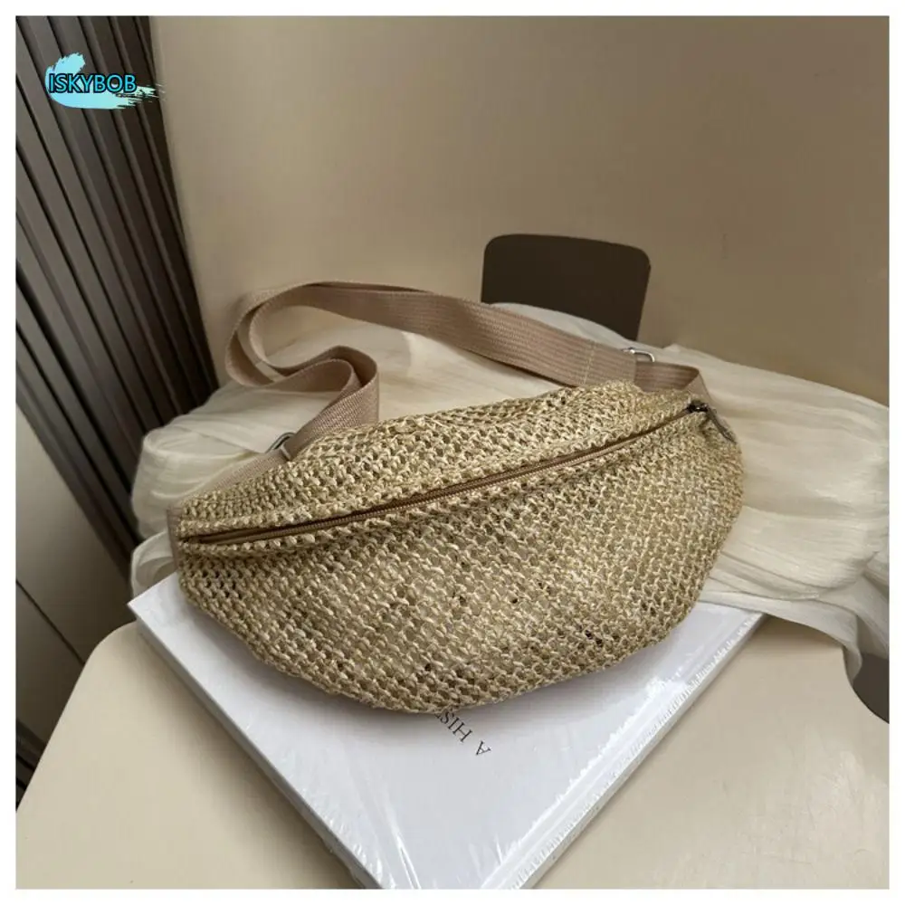 

Half Moon Straw Woven Bag Pocket Phone Bag Anti-theft Woven Handbag Phone Holder Large Capacity Adjustable Sports Pouch