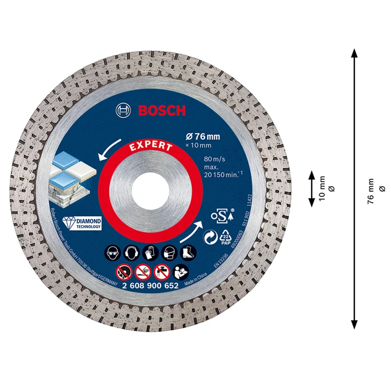 Bosch 2608900652   Disque de coupe diamant en céramique dur, Expert professionnel, 76mm, pour carreaux durs, pierre, Mini meuleuse d'angle, accessoires