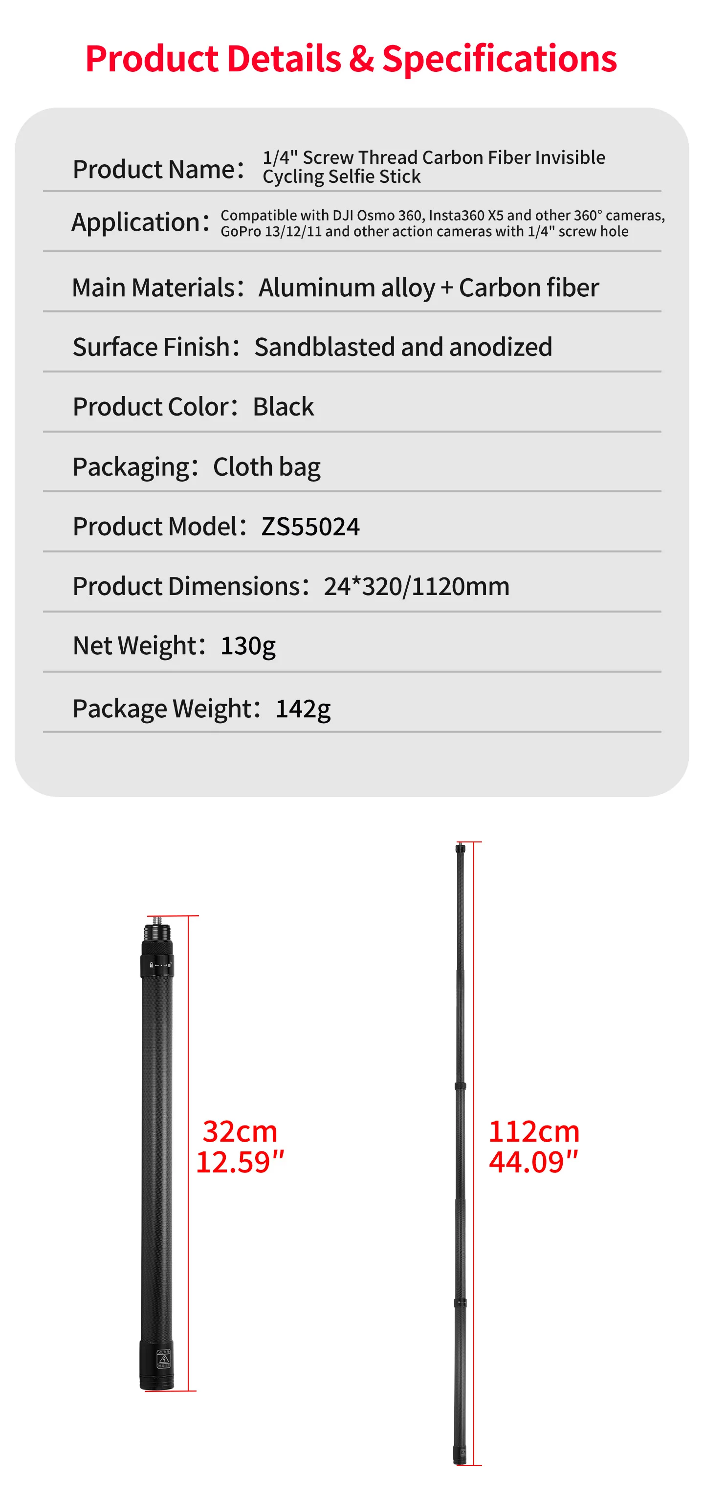 Verstellbarer 1,1m Carbonfaser-Selfie-Stick mit unsichtbarer, stabiler Verriegelung für Insta360 X6 DJI Osmo 360II Mobile 6 5 Gimbal-Stativhalterung – Detail 14