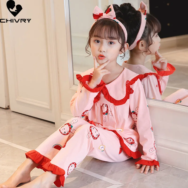 New Girls Pajamas Sets Casual Cartoon Print Long Sleeve Lapel Shirt Tops with Pants Baby Spring Summer Loose Sleeping Homewear