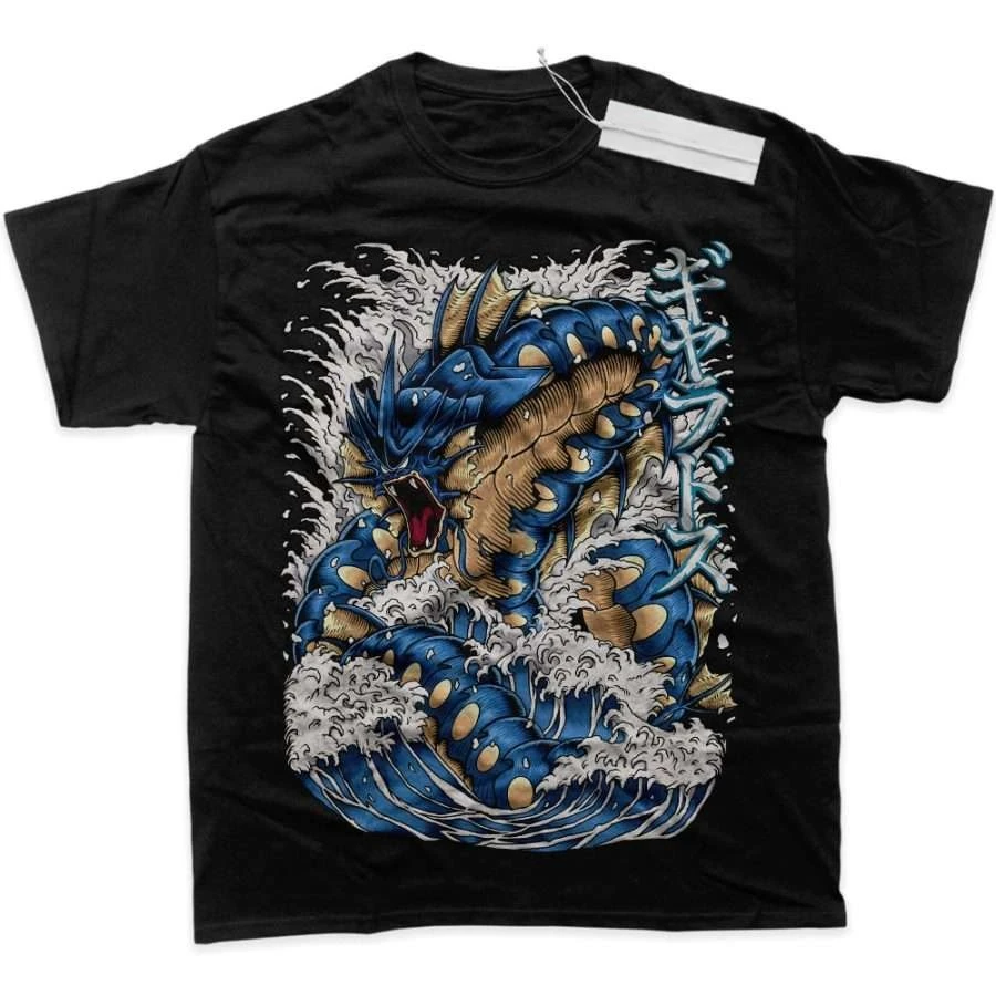 Herren-T-Shirt, Herren-Sport-T-Shirt, Herren-Kurzarm-T-Shirt, blau-brauner Drache, der in einer weißen Welle brüllt, mit japanischer Kalligraphie