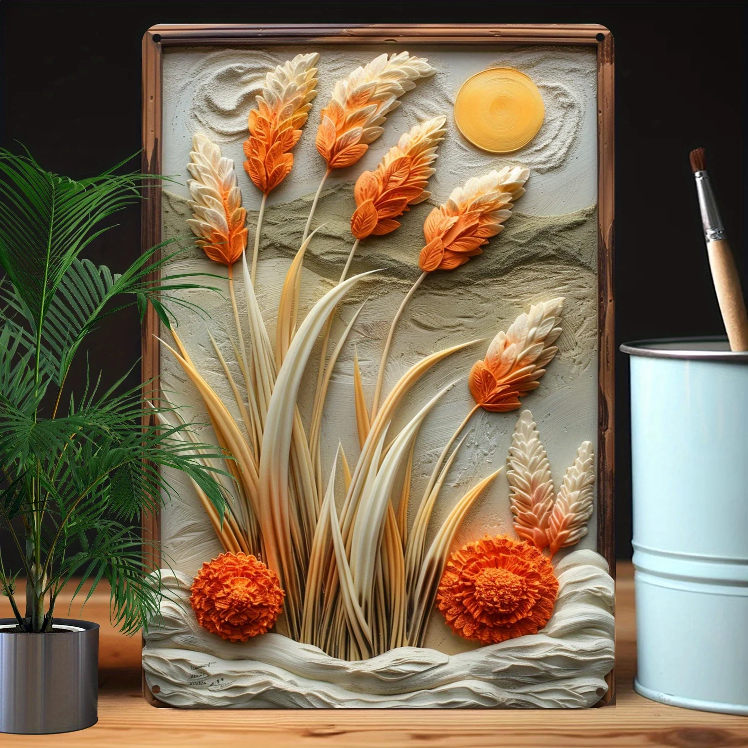 Metal Wall Art - Wheat and Sun Design - Modern Home, Office Decoration, Pampas Grass Themed Sign, High Bending Resistance