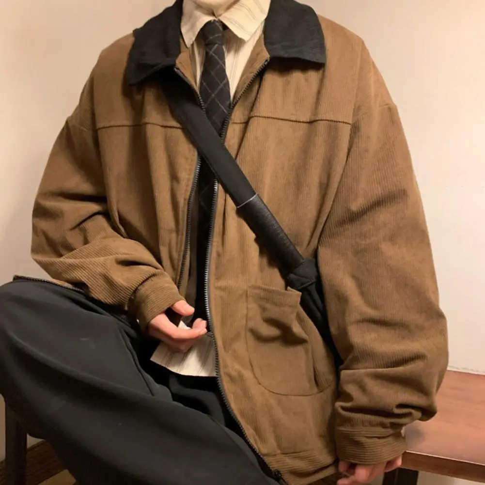 Men Jacket Stylish Men's Corduroy Patchwork Jacket with Full Zipper Placket Lapel Coat Outwear for Fall Winter Corduroy Outwear