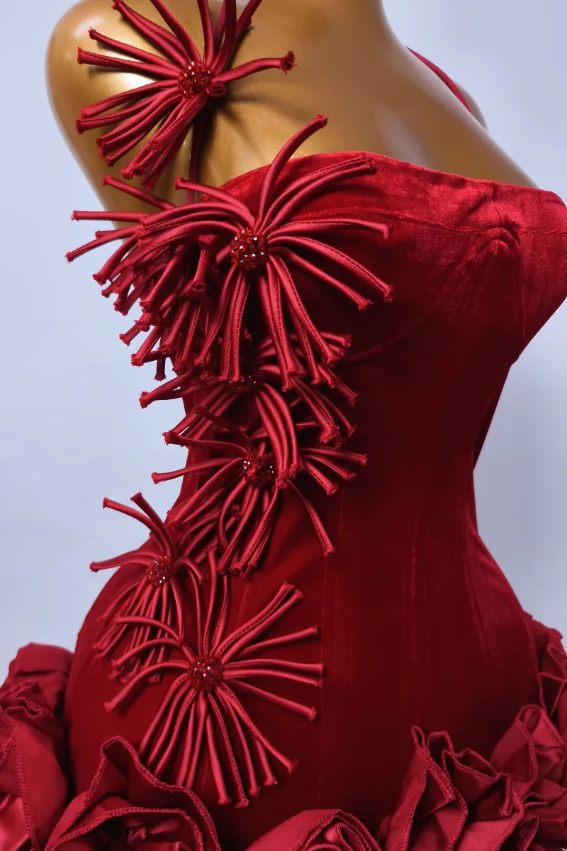 Womens Brithday Evening Dress Red Black Flower Festival Prom Dresses 2025 Summer New Sexy Strapless Halter Cocktail Party Dress