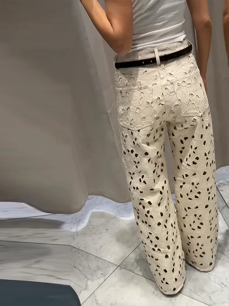 Hollow Out Jeans For Women Sexy White Flower Holes Zipper Pocket Straight Wige Leg Pants Female 2025 Autumn Chic Lady Trousers