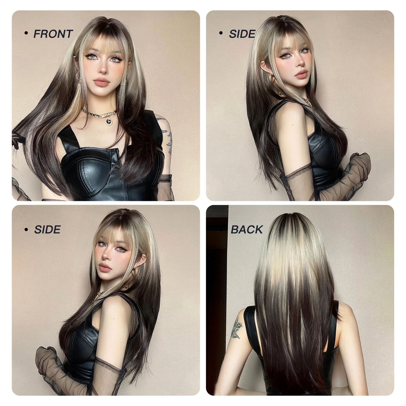 Women's Long Straight Brown Black to White Ombre Wig - Heat-Resistant Synthetic Hair,for Daily Use Cosplay Enthusiasts Christmas image 4