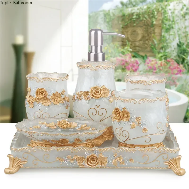 

European Resin bathroom set tooth brush holder Soap Dispenser soap box Tray bathroom decoration accessories Wedding gifts