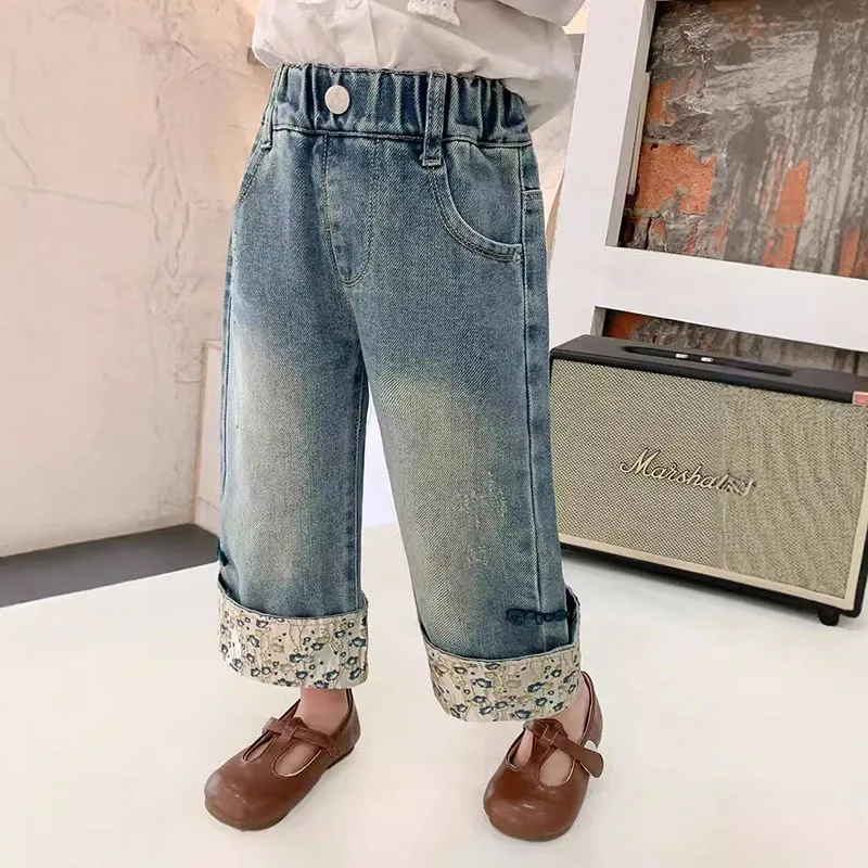 MILANCEL Girls' Jeans 2-7 Years Spring Retro Children's Demin Pants Fashion Patchwork Floral Kid's Trousers Girls Wide Leg Pants