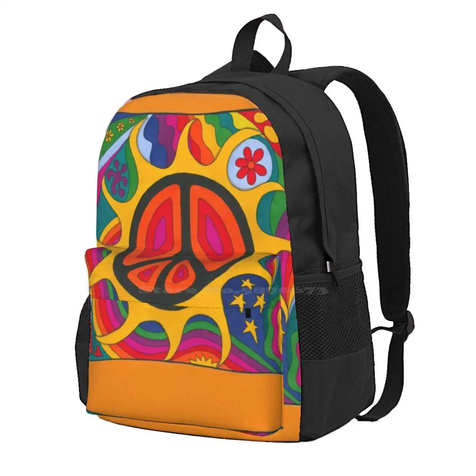 Psychedelic Flaming Peace Hot Sale Schoolbag Backpack Fashion Bags Peace Psychedelic Love Rainbow Colourful Hippy Hippie 60S