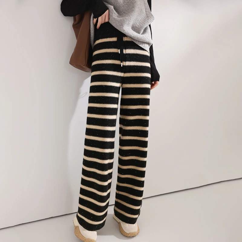 High waisted women's 100% Merino wool wide leg pants, casual loose striped straight leg pants, knitted pants