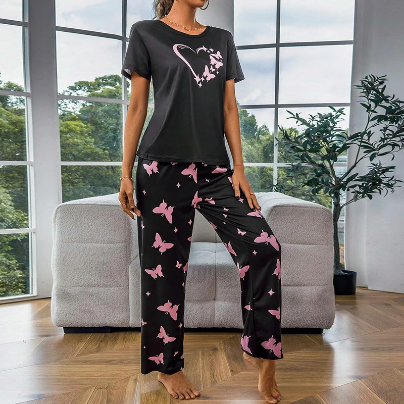 Women\'s Pajama Sets Summer Short Sleeve Pyjamas Butterfly Print Home Clothes Sleepwear Soft and Comfortable Loungewear Nightwear